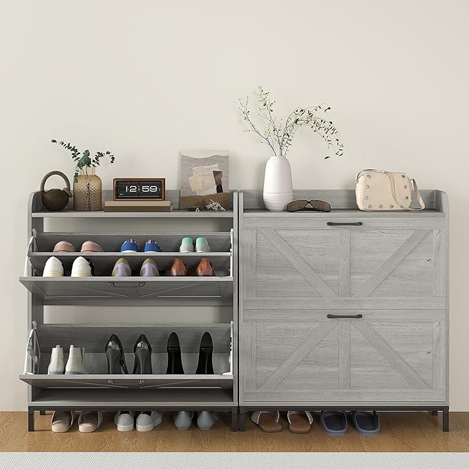 HOMCOM Shoe Storage Cabinet with 2 Flip Drawers, Legs, Farmhouse Freestanding Narrow Shoe Cabinet, Slim Hidden Rack Organizer for Entryway, Hallway, Light Gray Wood Grain-NeatNest