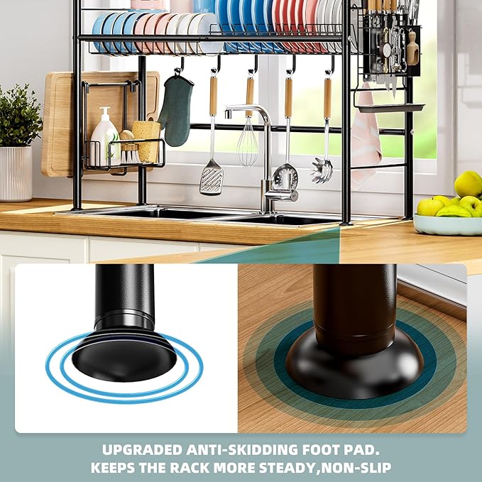 Large Over The Sink Dish Drying Rack, 2 Tier Over Sink Dish Rack with Utensil Holder, Dishes Drainer for Kitchen Counter Kitchen Organizer Metal (Fit≤32" Sink)