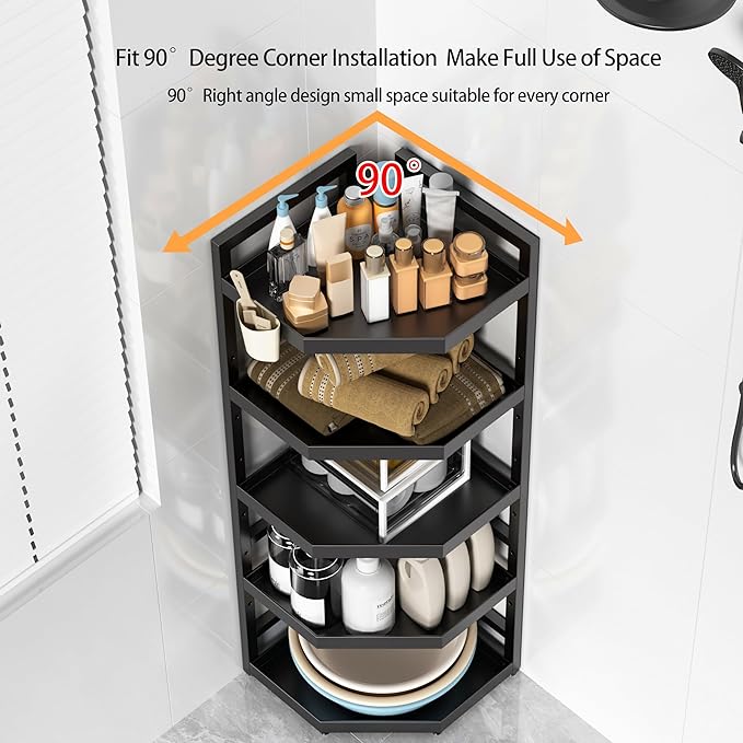 5 Tier Standing Corner Shower Caddy,Waterproof and Rust Proof,Adjustable Height,Multi-functional Tiered Storage for Shower Gel,Shampoo,Cosmetics,Kitchen Supplies,Black