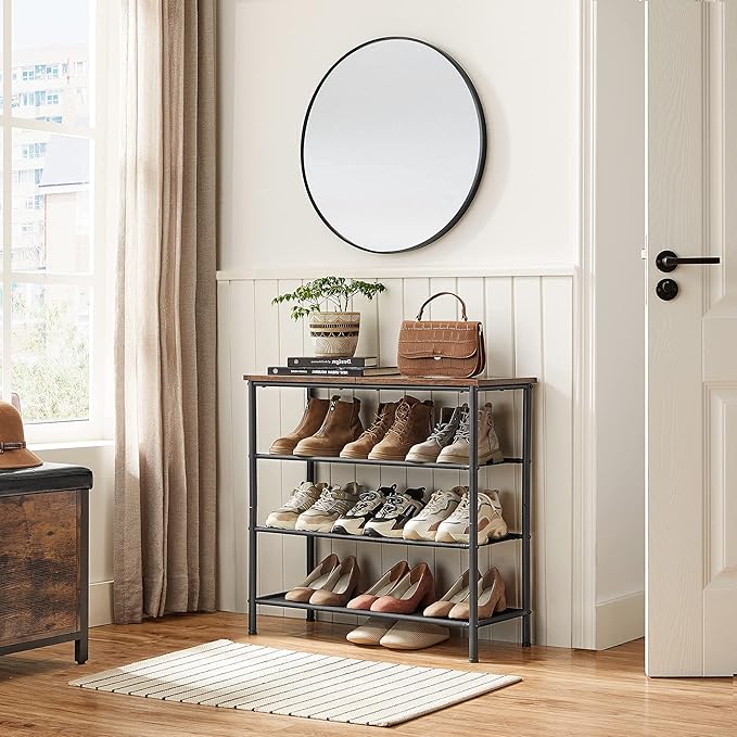 VASAGLE Shoe Rack, 4-Tier Shoe Storage Organizer for Entryway and Closet, Holds 9-12 Pairs of Shoes, 3 Fabric Shelves, Steel Frame, Industrial, Rustic Brown and Black ULBS035B01-NeatNest