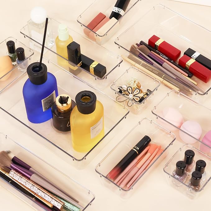 25 PCS Clear Plastic Drawer Organizer Set,Vanity Organizer Storage Bins Containers,4 Size Desk Drawer Organizer Tray-NeatNest