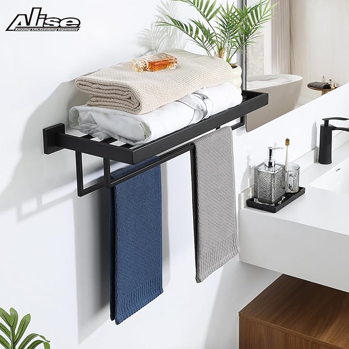 Alise 24 Inch Towel Racks for Bathroom, Towel Rack Wall Mounted with Double Towel Bars, SUS 304 Stainless Steel Towel Shelf, Heavy Duty Hand Towel Holder(Matte Black)