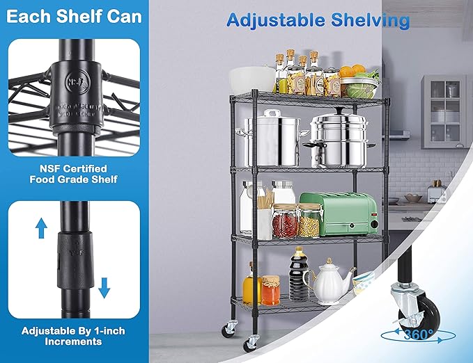 4-Tier Metal Wire Shelving Unit Kitchen Shelf Organizer Height Adjustable Storage Rack Utility Snack Shelf, NSF Certified Storage Shelves for Laundry Bathroom Kitchen Pantry Organization-NeatNest