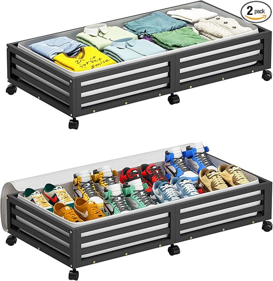 Bamboo Under Bed Storage Containers- Underbed Organizer with Wheels with Large Dust Bag,Sturdy Wood Rolling Under the Bed Shoe Storage Organizer Drawer 2 Packs (Black, Long)-NeatNest