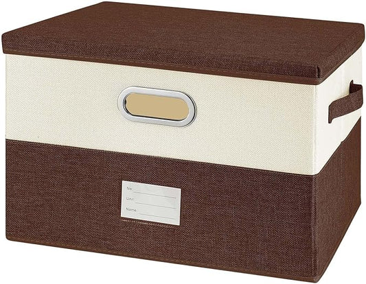 Large Linen Fabric Foldable Storage Bins with Removable Lid and Handles, Washable Storage Box Organizer Containers Baskets Cube with Cover for Bedroom,Closet,Office(Coffee&Cream, Large)-NeatNest