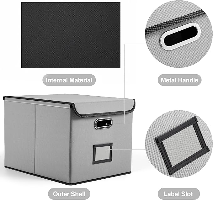 File Organizer Box, Linen Filing Organizer with Lid, Large Desktop File Boxes, Light Grey,1 Pack