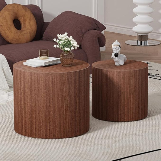 Round Nesting Coffee Table Set of 2 Modern Wood Coffee Tables Handcraft Drum Coffees Table Farmhouse Round Sofa Side Tables End Table for Living Room Small Spaces (Dark Wood)