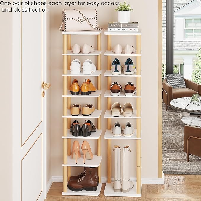 LUCKNOCK Vertical Shoe Rack, 8-Tier Tall Narrow Shoe Organizer for Entryway, Closet, Dorm & Small Spaces, Freestanding White Wooden Shoe Shelf Tower for Boots, Sneakers, Heels.-NeatNest