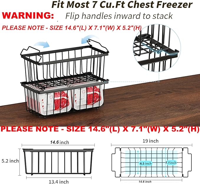 4 Pack Freezer Organizer Bins(14.6‘’L X 7.1‘’W X 5.2‘’H) for 7 Cu.FT Deep Ches Freezer Sort Frozen Meats | Stackablet Deep Freezer Organizer Bins Get Food Easily w/Handle(Black), Gifts Ideas for Mom