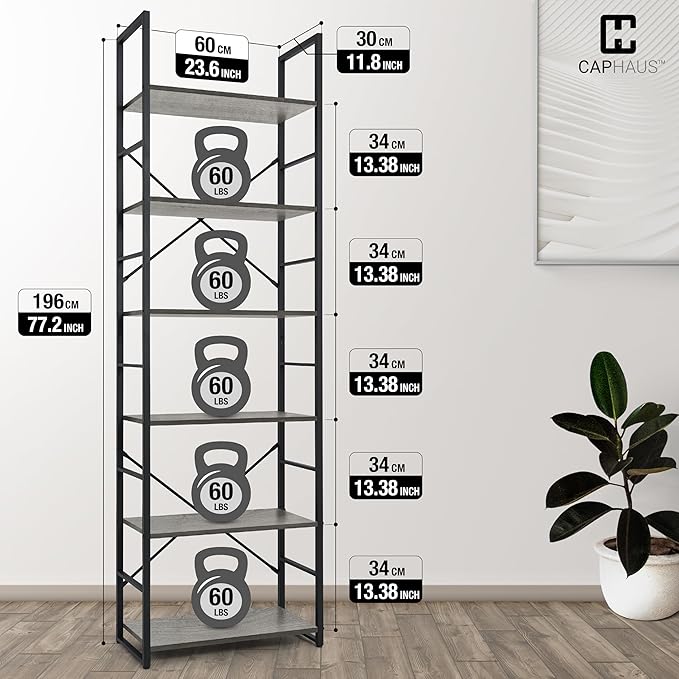 CAPHAUS 6 Tier Bookshelf, 24 Inch Width Free Standing Shelf, Bookcase Shelf Storage Organizer, Industrial Book Shelves for Home Office, Living Room, Kitchen, Dark Grey Vintage Shelves & Metal Frame-NeatNest