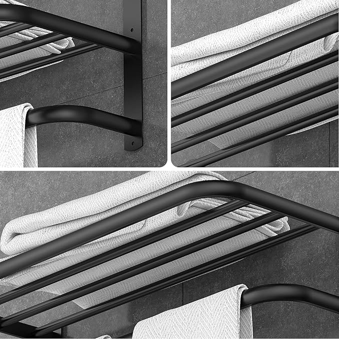 22.8Inch Towel Rack for Bathroom and Lavatory Towel Hanger with Wall Mount Towel Bars 304 Stainless Steel No Drill Tower Holder Shelf (3 Layers Black Towel Rack)