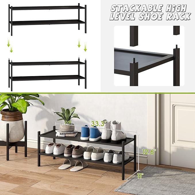 BMOSU 2-Tier Bamboo Extended Shoe Rack Premium Stackable Shoe Shelf Storage Organizer for Hallway Closet Living Room Entryway Organizer(Black)-NeatNest
