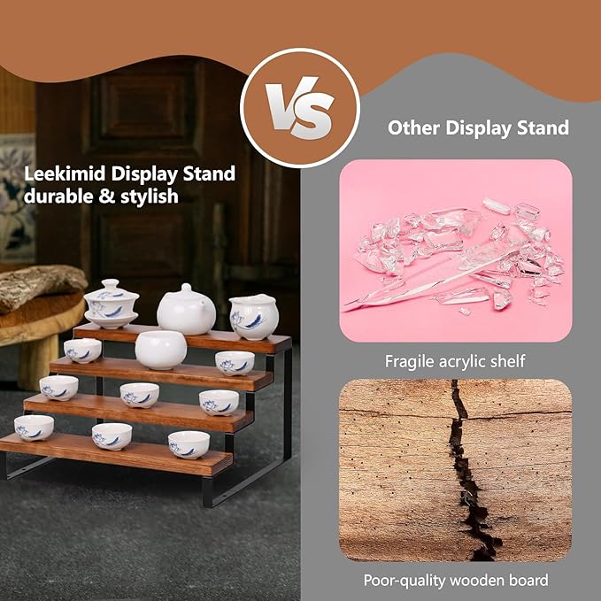 4 Tier Wooden Display Riser Stand Perfume Organizer with Metal Stand, Dessert Table Display Set, Food Display Stands for Party, Brown Rustic Solid Wood Shelf for Cupcakes, Perfume, Cologne, Spiece-NeatNest
