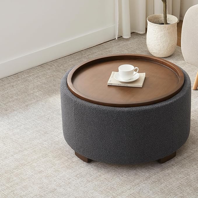 30 Inch Round Storage Ottoman Coffee Table, Modern Boucle Ottoman with Lift-Off Lid and Solid Wood Legs for Living Room, Bedroom, Corners, Apartments (Grey)
