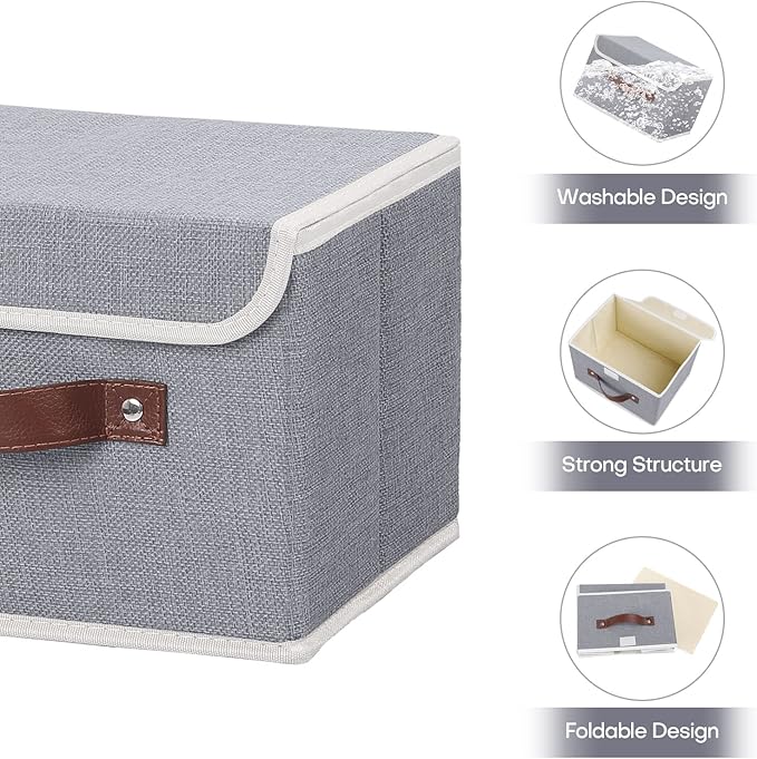 ANMINY 2PCS Storage Bins with Lid PU Leather Handles Storage Boxes PP Plastic Board Decorative Foldable Lidded Cotton Linen Fabric Home Cubes Baskets Closet Organizer Containers - Gray, Small Size-NeatNest