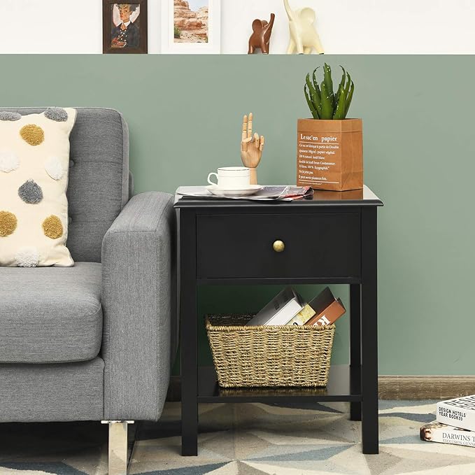 Giantex Nightstand, 2-Tier End Table with Drawer and Open Storage Shelf, Modern Bedside Tables, Wooden Side Table Night Stand for Bedroom, Dorm, Small Spaces, Easy Assembly, Black