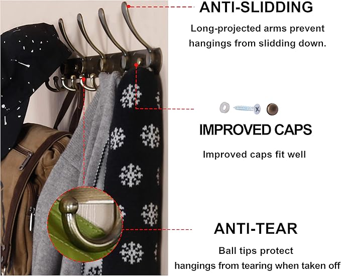 Dseap Wall Mounted Coat Rack - 5 Tri Hooks, Heavy Duty, Stainless Steel, Metal Coat Hook Rail for Coat Hat Towel Purse Robes Mudroom Bathroom Entryway (Bronze, 2 Packs)-NeatNest