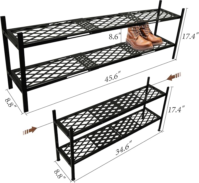 Shoe Rack for Closet, Expandable Shoe Organizer Metal Shelf Stand, 2 Tier Stackable Long Shoe Stand Holder for Floor, Entryway, Garage, Bedroom, Door Entrance for 12-18 Pairs, 45.6in Black-NeatNest