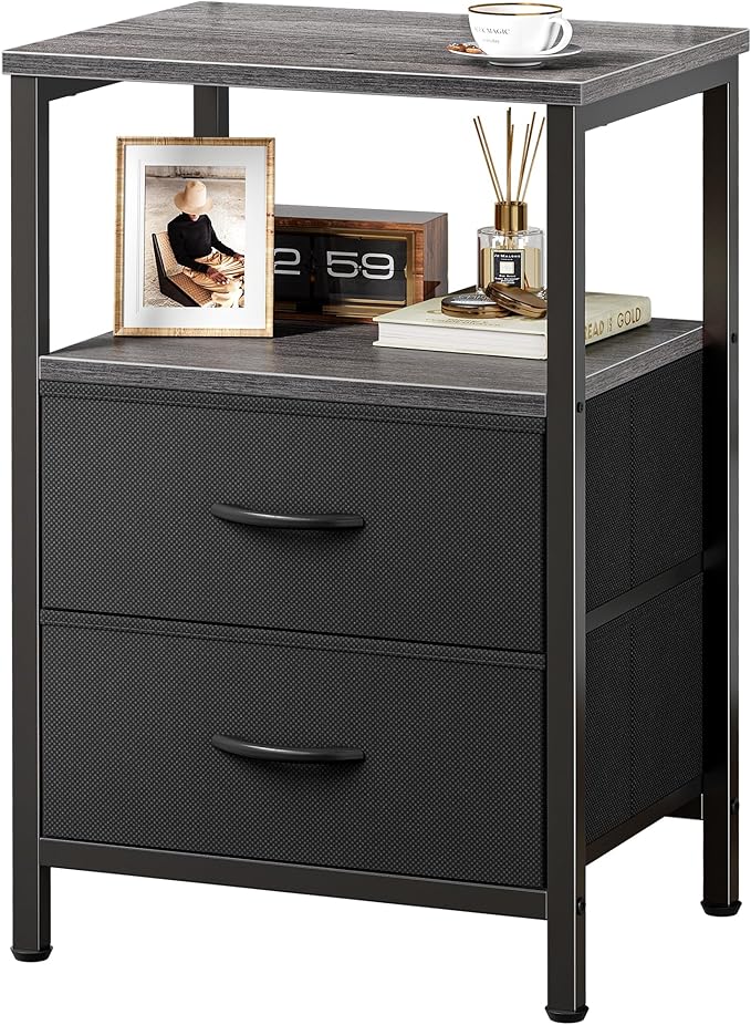 Huuger Night Stand with 2 Drawers, Bed Side Table with Open Shelf, Wooden Top, Nightstand for Bedroom, End Table for Small Space, Fabric Drawer, Grey