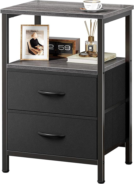 Huuger Night Stand with 2 Drawers, Bed Side Table with Open Shelf, Wooden Top, Nightstand for Bedroom, End Table for Small Space, Fabric Drawer, Grey