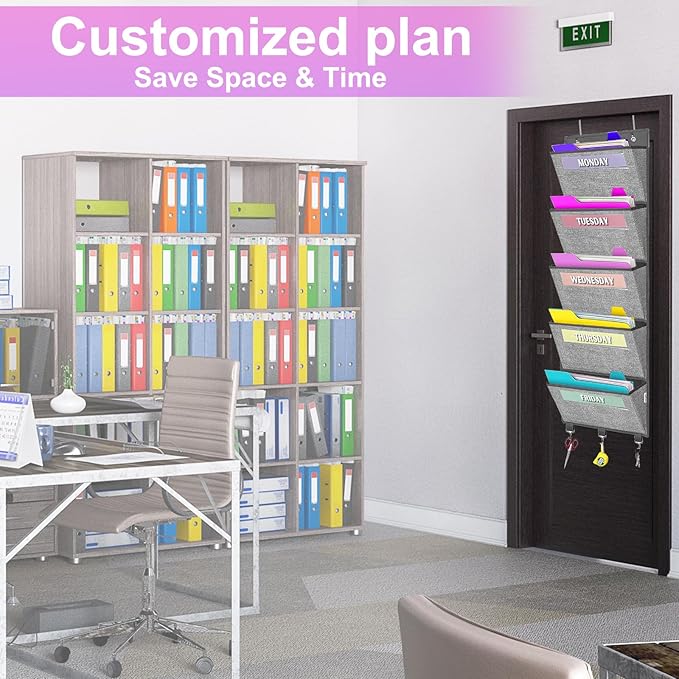 homyfort Over the Door hanging File Organizer, Weekly Hanging File Folders, Wall Organizers and Storage for Mail, Magazine, Notebooks, Office, Classroom, 5 Large Pockets, 50.39” Tall, Grey-NeatNest