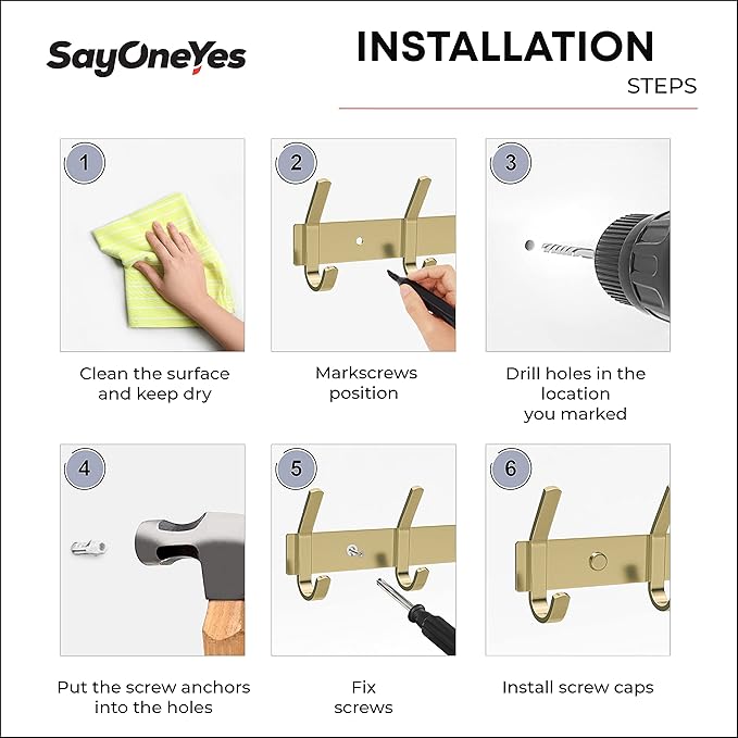 Brushed Gold Wall Mounted Coat Rack – 17 Inch Stainless Steel Rail with 6 Double Coat Hooks for Entryway, Bathroom, Bedroom, Kitchen – Modern Gold Hook Rack for Coats, Hats, Towels - 2 Pack-NeatNest