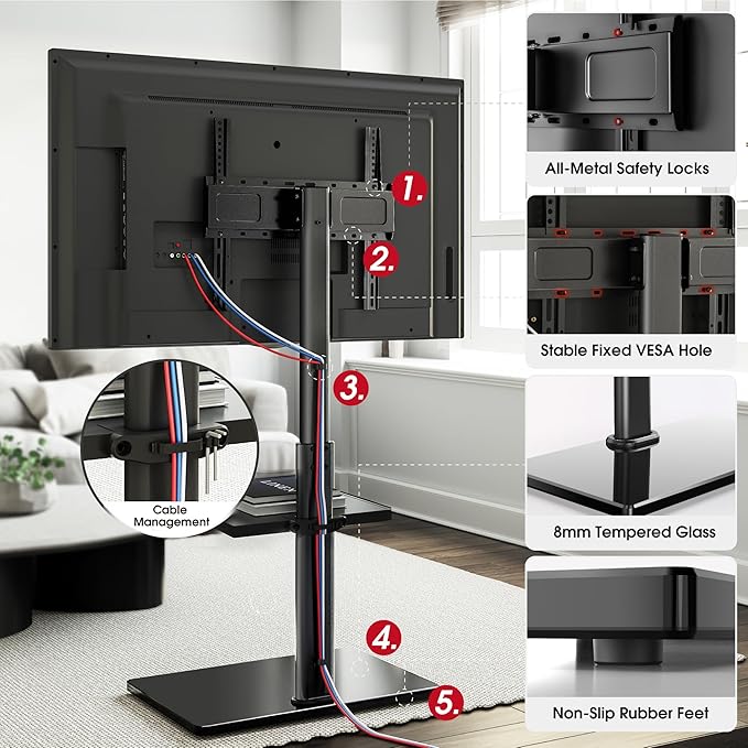 Floor TV Stand with 60-Degree Swivel, TV Floor Stand for 32-65 inch TVs up to 88lbs with Tilt, 8 Level Height Adjustable Tall TV Mount Stand with Shelf, Tempered Glass Base, MAX VESA 400x400mm
