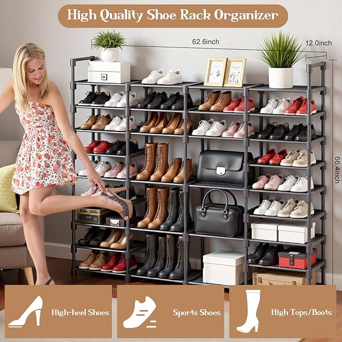 9 Tier Shoe Rack Storage Organizer Stand Shelf Cabinet, Large Shoe Rack Shelf Storage for 64-68 Pairs Freestanding Stand Cabinet with 18 Pcs Removable Side Hooks for Closet Entryway-NeatNest