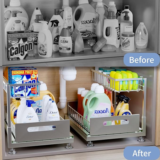 2 Pack Under Sink Organizer Storage 2-Tier Premium Metal Pull-Out Racks, Height Adjustable, Easy Installation | Kitchen & Bathroom Organizers-NeatNest