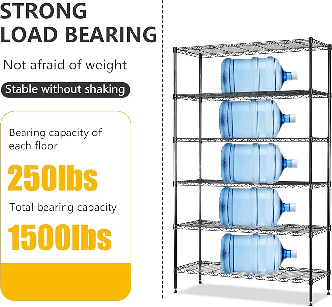 16''Lx42''Wx72''H 6 Shelf Wire Shelving Unit Heavy Duty Metal Storage Shelves NSF Wire Shelf Organizer Black Height Adjustable Utility Steel Commercial Grade Layer Shelf Rack 1500 LBS Capacity-NeatNest