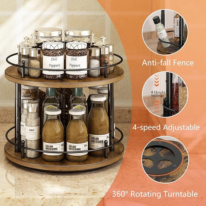 2 Tier Lazy Susan Organizer,2-Tier Spinning Spice Rack with Stable Carousel Base & 4 Height Settings for Cupboard Kitchen Countertop Dining Table Cupboard (Two-Ply(Round))