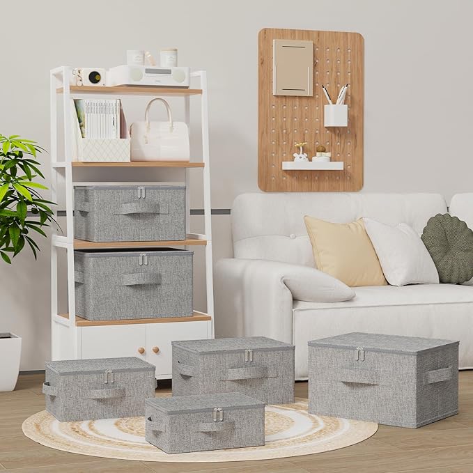 Blanket Bags with Lid, Foldable Underbed Storage Bins, Home Basket Container for Organizing Clothes, Shoes, Pillows, 14.9x10.2x5.9Inches, Grey, 2 Pack-NeatNest