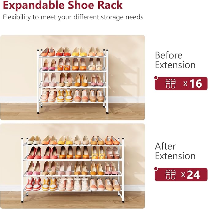 Tajsoon Expandable Shoe Rack for Closet 4 Tier, 29“-41“Adjustable & Stackable Shoe Shelf Storage, Metal Shoe Rack Organizer for Front Door Entrance, Closet, Garage, Entryway, White-NeatNest