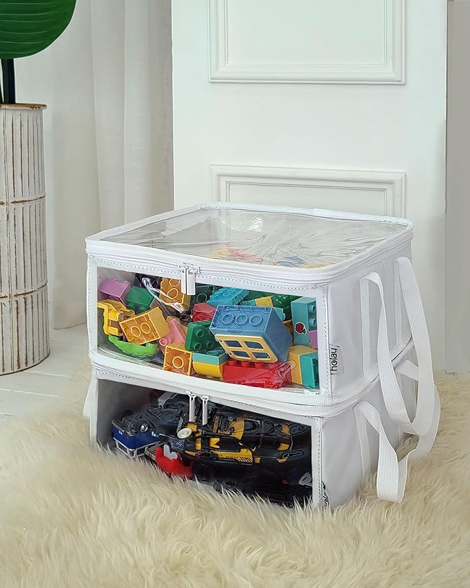 holay 2 Pack Storage Bins PVC Boxes with Transparent Lid & Handles - Durable & Foldable - Multi-Purpose Organizer for Clothes, Books, and More (White, Medium)-NeatNest