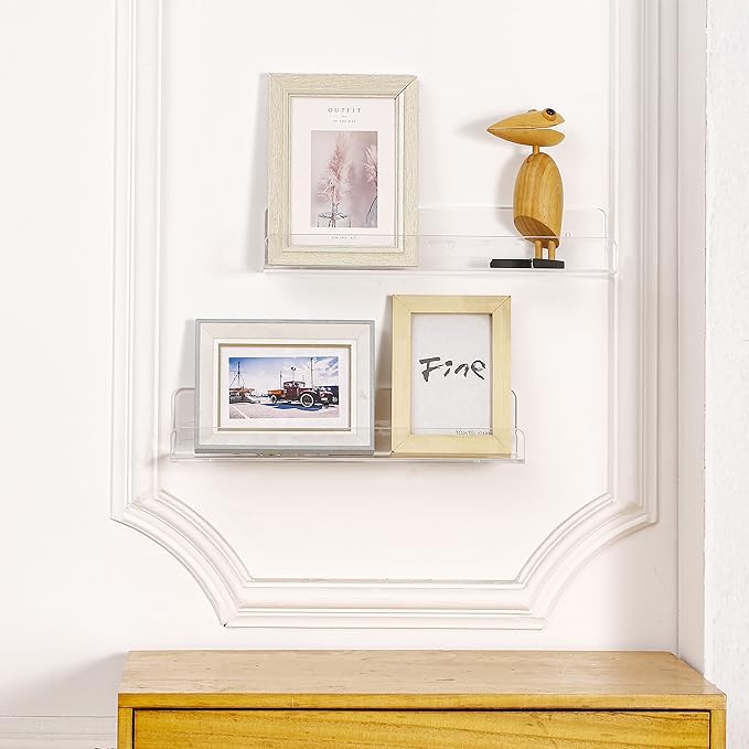 CY craft 4 PCS Clear Acrylic Floating Wall Ledge Shelf 15 Inch Wall Mounted Nursery Kids Bookshelf, Invisible Hanging Shelves for Wall Storage,Toy Picture Ledge Display Shelf Bathroom Storage Shelves-NeatNest