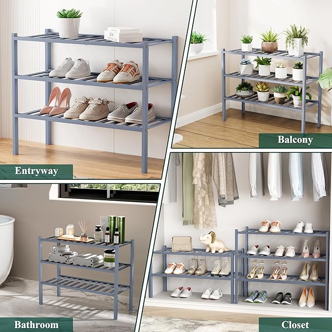 Smiry Shoe Rack, 2 Tier Bamboo Shoe Organizer, Stackable Free Standing Wooden Shoe Storage Shelf for Closet, Entryway, Front Door Entrance, Grey-NeatNest