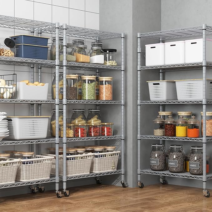 Homdox 5 Tier Adjustable Rolling Storage Shelves, Heavy Duty Wire Racks and Shelving, Metal Shelves for with Side Hooks Pantry Closet Kitchen Garage Organization, Silver Gray-NeatNest