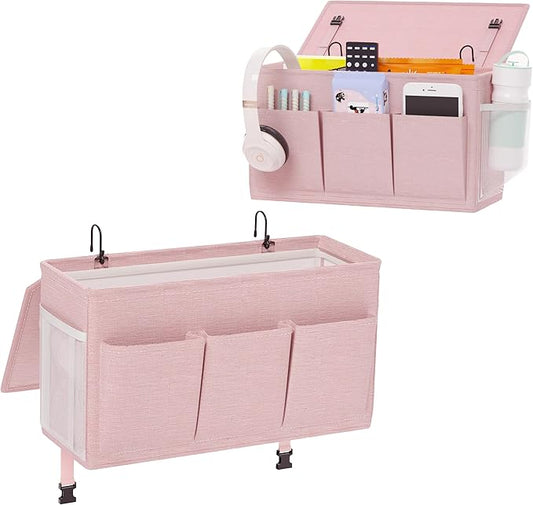 Dual-purpose Bedside Caddy Bedside Organizer, Bed Caddy with 6 Pockets, Versatile Bedside Storage Solution Magazine Remotes holder, ideal for Home, Dorm, Hospital, Crib Bed (Pink 2pcs)-NeatNest