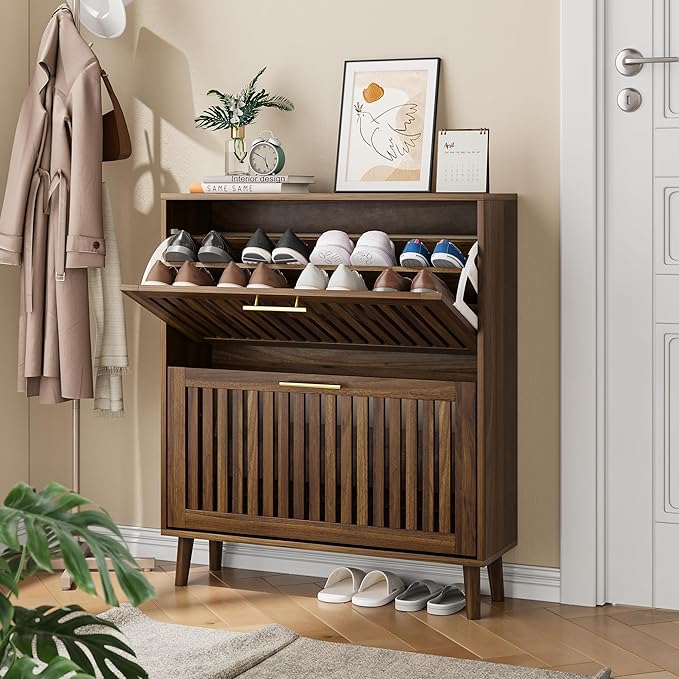 Vibe & Dine Shoe Cabinet with 2 Flip Drawers, Narrow Shoe Organizer with Gold Handles, Freestanding Shoe Storage Cabinet for Entryway Slim, Wood Shoe Rack for Hallway, Bedroom, Walnut-NeatNest