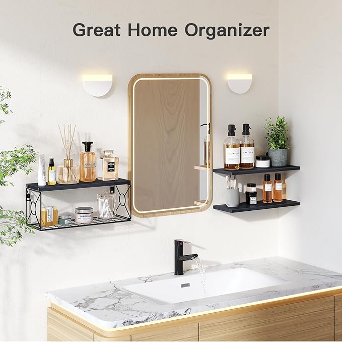 Amada Bathroom Shelves Over Toilet with Storage Basket, Floating Wall Shelves for Home Organization & Wall Decor, Bathroom/Kitchen/Living Room ShelvesBlack-NeatNest
