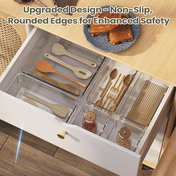 10 PCS Clear Plastic Drawer Organizer Set, 4 Sizes Acrylic Drawer Storage Trays Non Slip Storage Bins for Makeup, Jewelry, Gadgets for Kitchen, Bedroom, Bathroom, Office-NeatNest