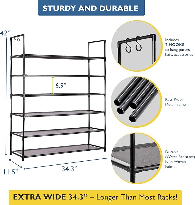 Sundaze Shoe Rack - 6 Tier Shoe Rack for Front Door Entrance, Sturdy Tall Shoe Organizer for Closet, Bedroom, Entryway, Garage, Non Woven Fabric Shelf, Black, Holds Up to 30 Pairs-NeatNest
