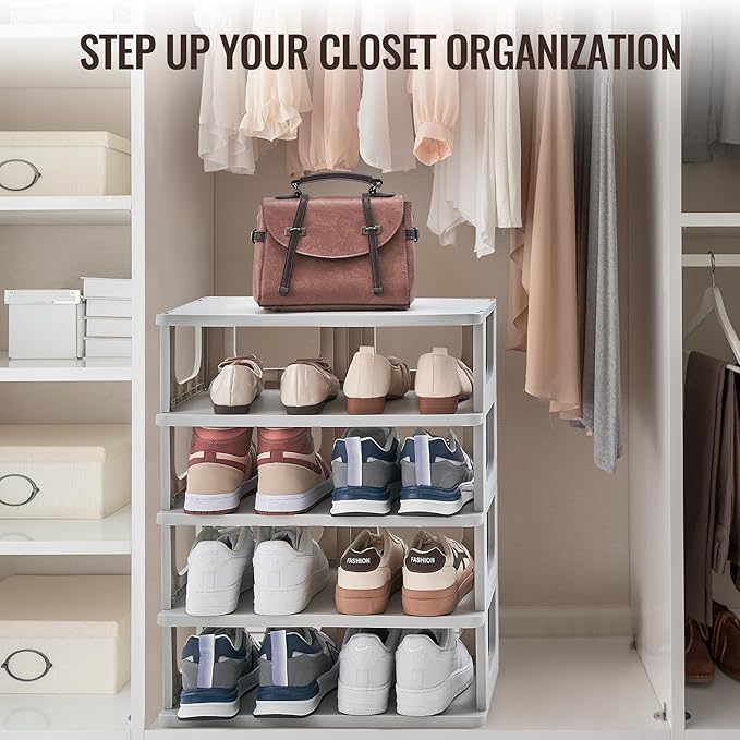 TRZZ 7-Tier Small Shoe Rack, Vertical Narrow Stackable Organizer with Removable Partition, Efficient Shoe Storage for Closet, Entryway, and Small Spaces (Grey)-NeatNest