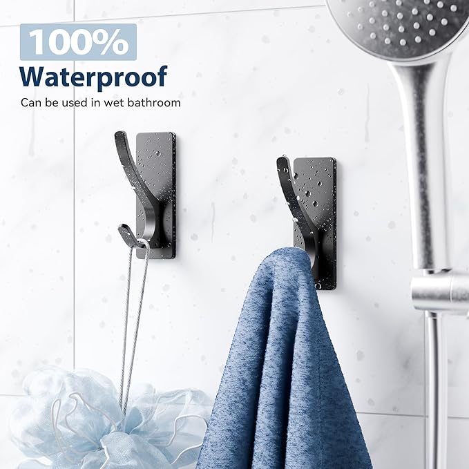 10-Pack Self Adhesive Towel Hooks: Extra Strong 13LB, Stainless Hook for Hanging Loofah, Towels, Coat, Bath Robe Bathroom Shower, Black