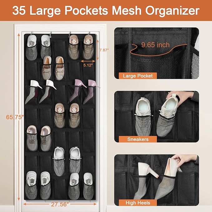 FENTEC 35 Large Pockets Over The Door Shoe Organizer, Mesh Hanging Shoe Organizer Shoe Rack for Closet Mesh Closet Shoe Holder, Over Door Organizer, Shoe Organizer for Wall, Black, 1 Pack-NeatNest