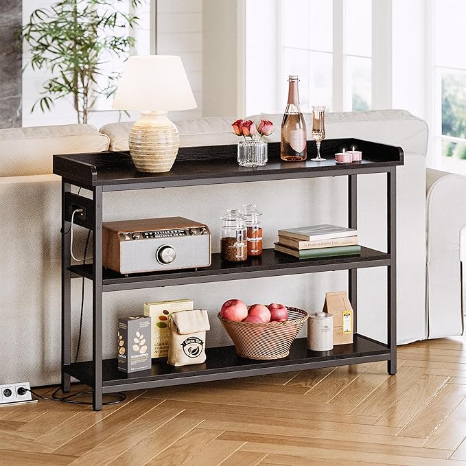 IRONCK Console Table, Sofa Table with Power Outlet, Farmhouse Hallway Table for Entryway, Living Room, Height Adjustable, Easy Assembly, Vintage Black, 43"-NeatNest