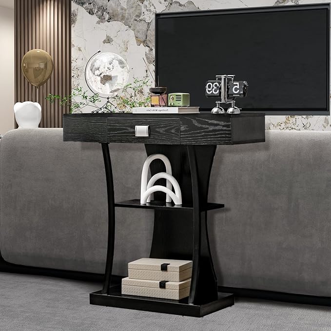 Giantex Narrow Console Table T-Shaped - Behind Couch Table with Drawer, Shelves, Dual Anti-Tipping Kits, Modern Foyer Table, Sofa Side Table for Living Room, Entryway, Hallway, Entry Table (Black)-NeatNest