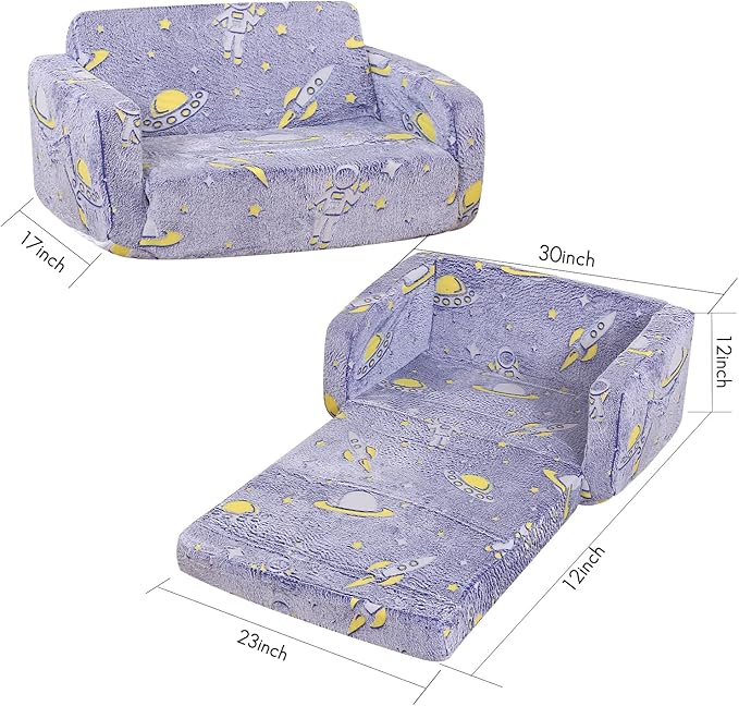 Foldable Kids Sofa,Soft Kids Fold Out Couch Glow in The Dark,Convertible Sofa to Lounger Toddler Sofa Chair(Space-NeatNest