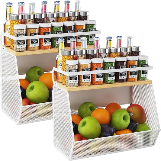 Magnetic Shelf for Fridge with Wide & Thick Magnet, 2 Pack Refrigerator Organizer Basket with Bamboo Top, Storage for Fruit, Potato, Onion, Kitchen, Pantry, Laundry (White, 13.8" x 6.8" x 11.8")