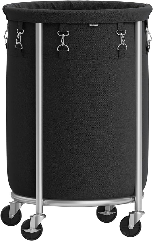 SONGMICS Laundry Basket with Wheels, Rolling Laundry Hamper, 18.5 Gal., Round Laundry Cart with Steel Frame and Removable Bag, 4 Casters and 2 Brakes, Black and Silver URLS006B01